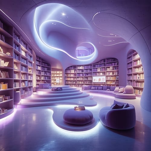 The futuristic library interior exudes a serene atmosphere enhanced by soft ambient lighting that casts a gentle purple hue throughout the space Its design showcases sleek flowing curves that create an organic feel while illuminated shelves filled wi